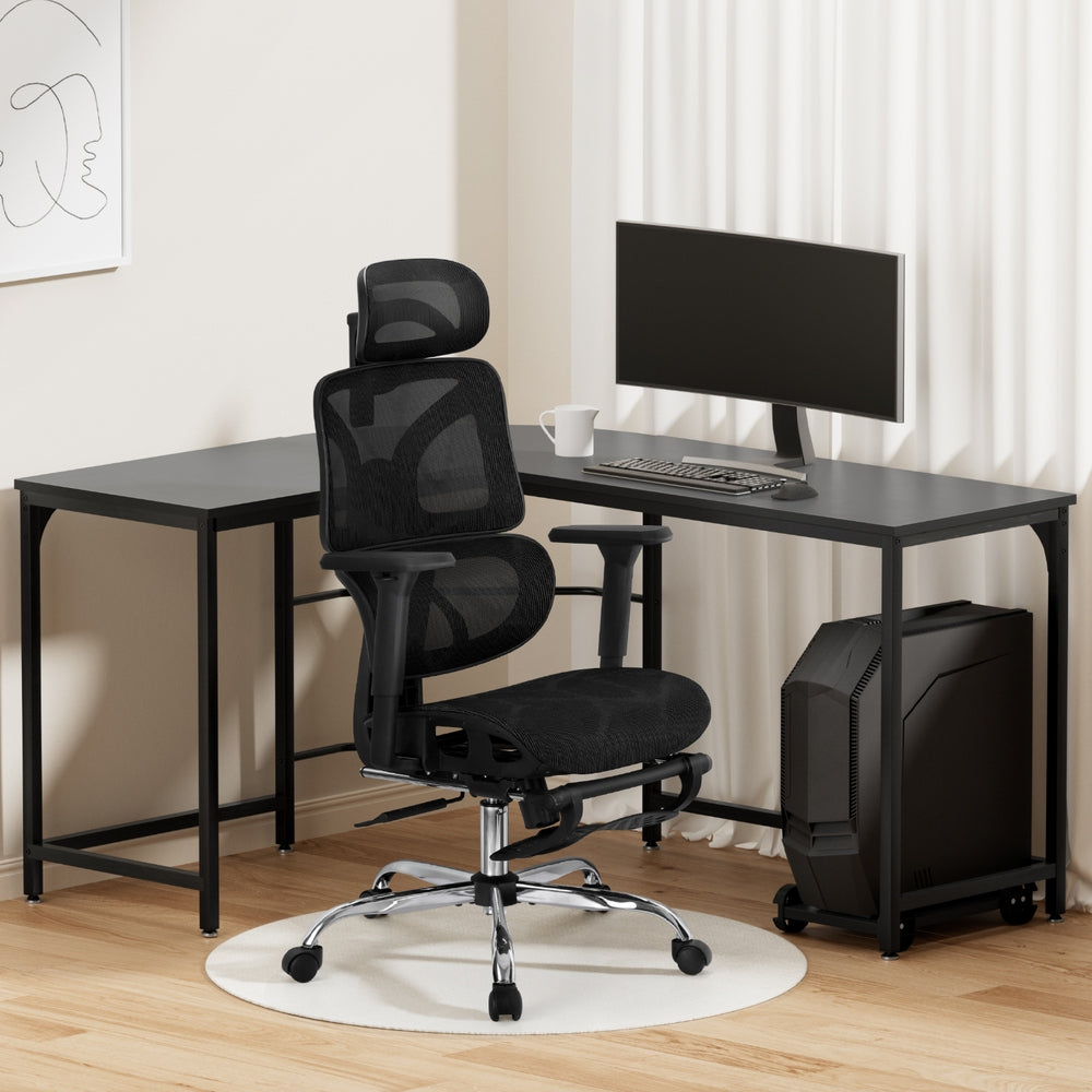 Artiss L-Shape Computer Desk with Ergonomic Mesh Office Chair Black