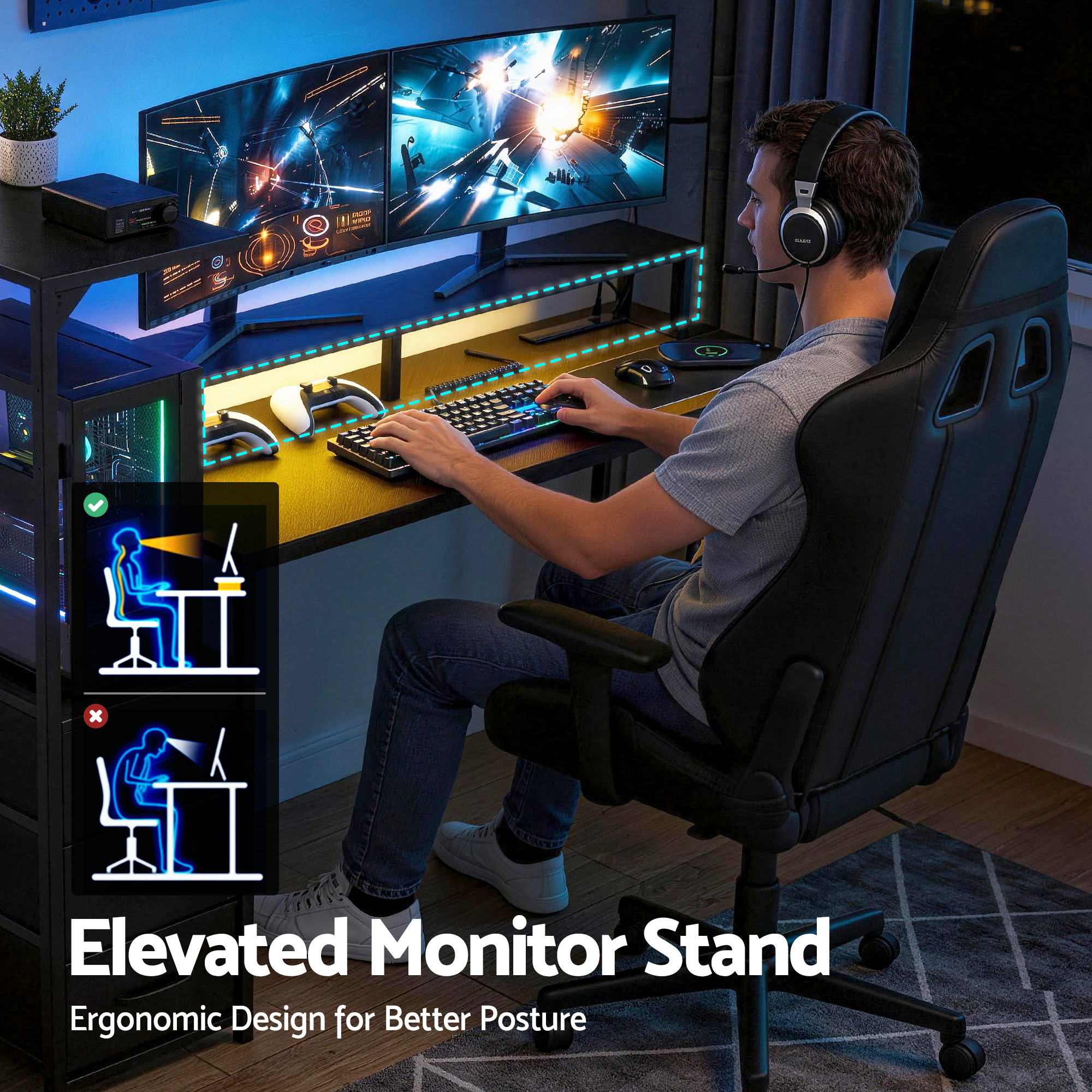 Artiss 145cm L Shaped Gaming Desk Computer Desk with LED Lights & Power Outlets