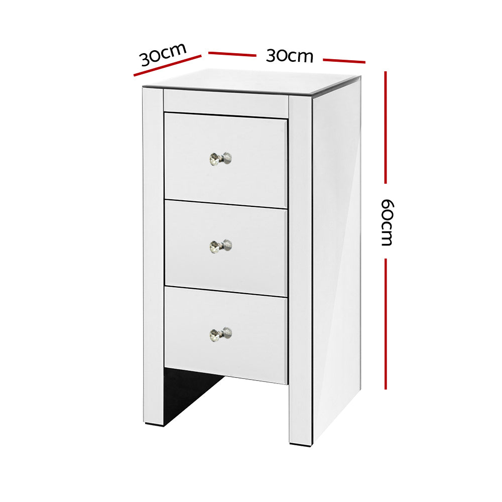 Quenn 3-Drawer Mirrored Bedside Table Silver