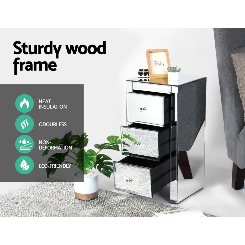 Quenn 3-Drawer Mirrored Bedside Table Silver