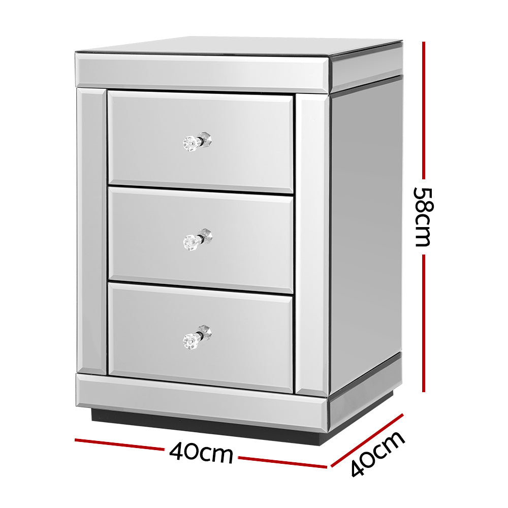 Mirrored 3-Drawer Bedside Table, High-Shine Finish – Artiss