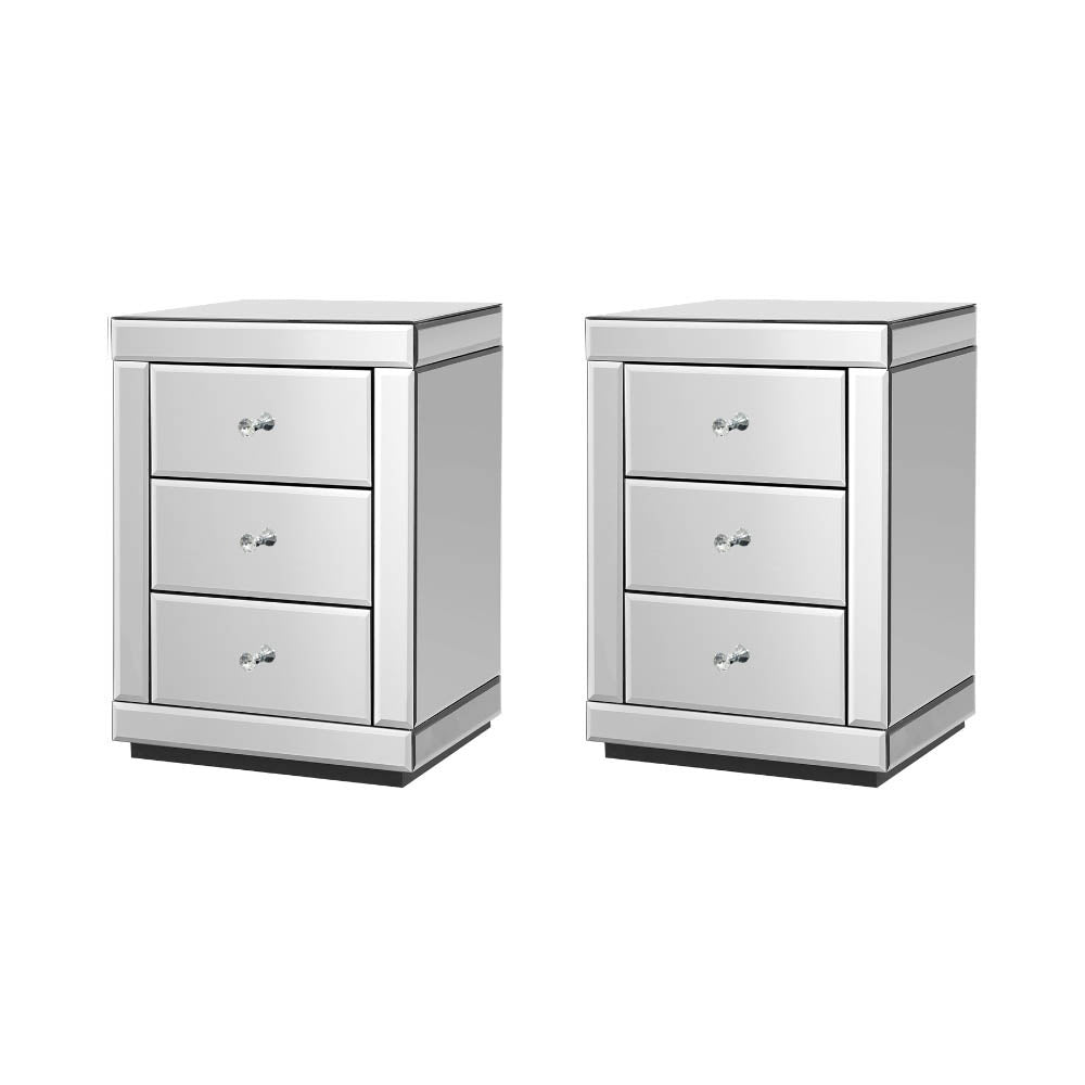 Presia Set of 2 Mirrored Bedside Tables 3 Drawers Silver