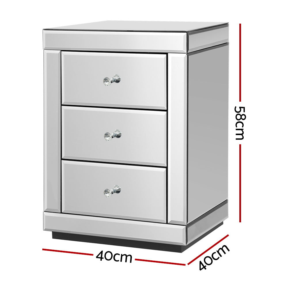 Presia Set of 2 Mirrored Bedside Tables 3 Drawers Silver