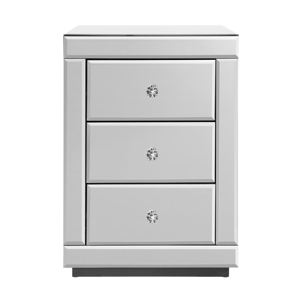 Presia Set of 2 Mirrored Bedside Tables 3 Drawers Silver