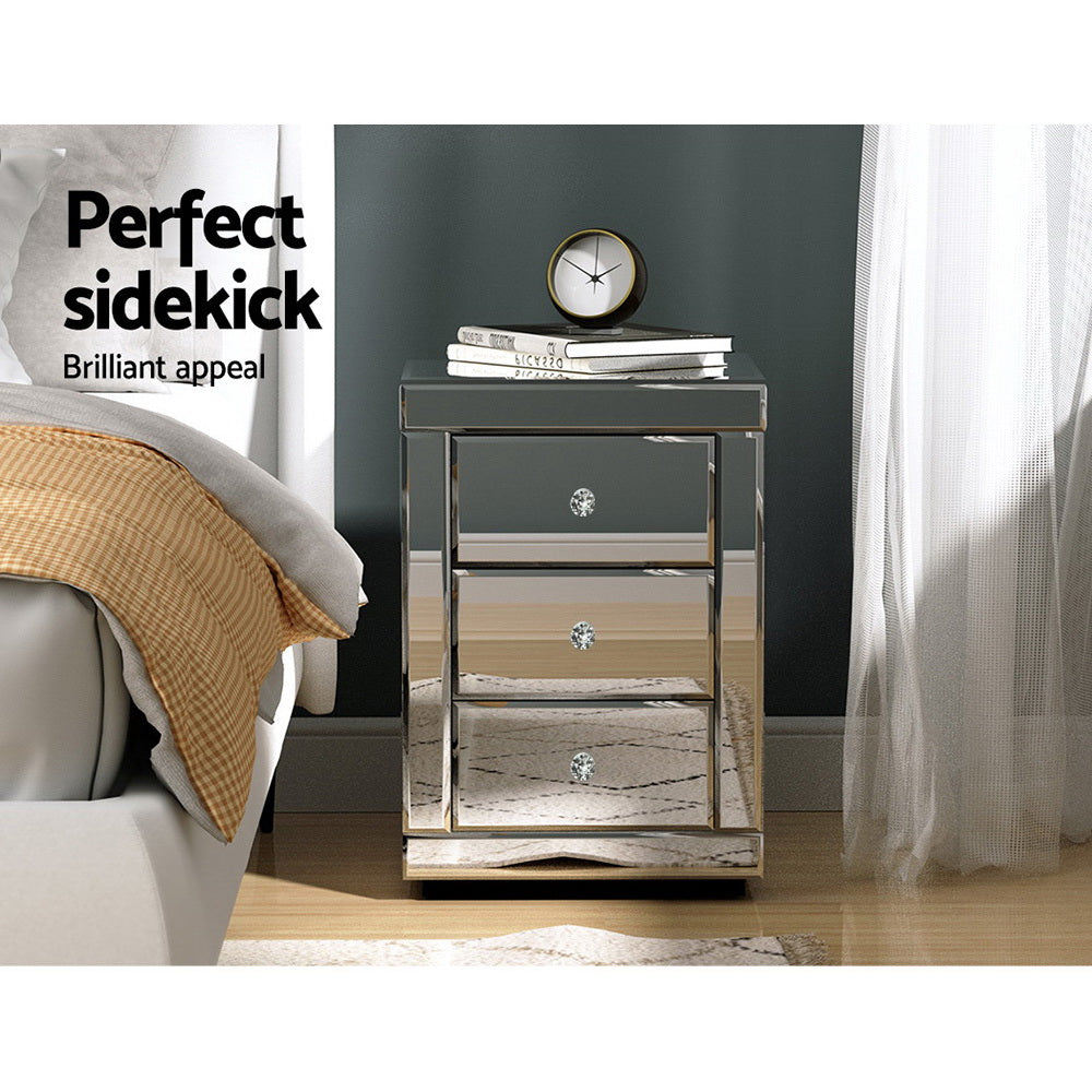 Presia Set of 2 Mirrored Bedside Tables 3 Drawers Silver
