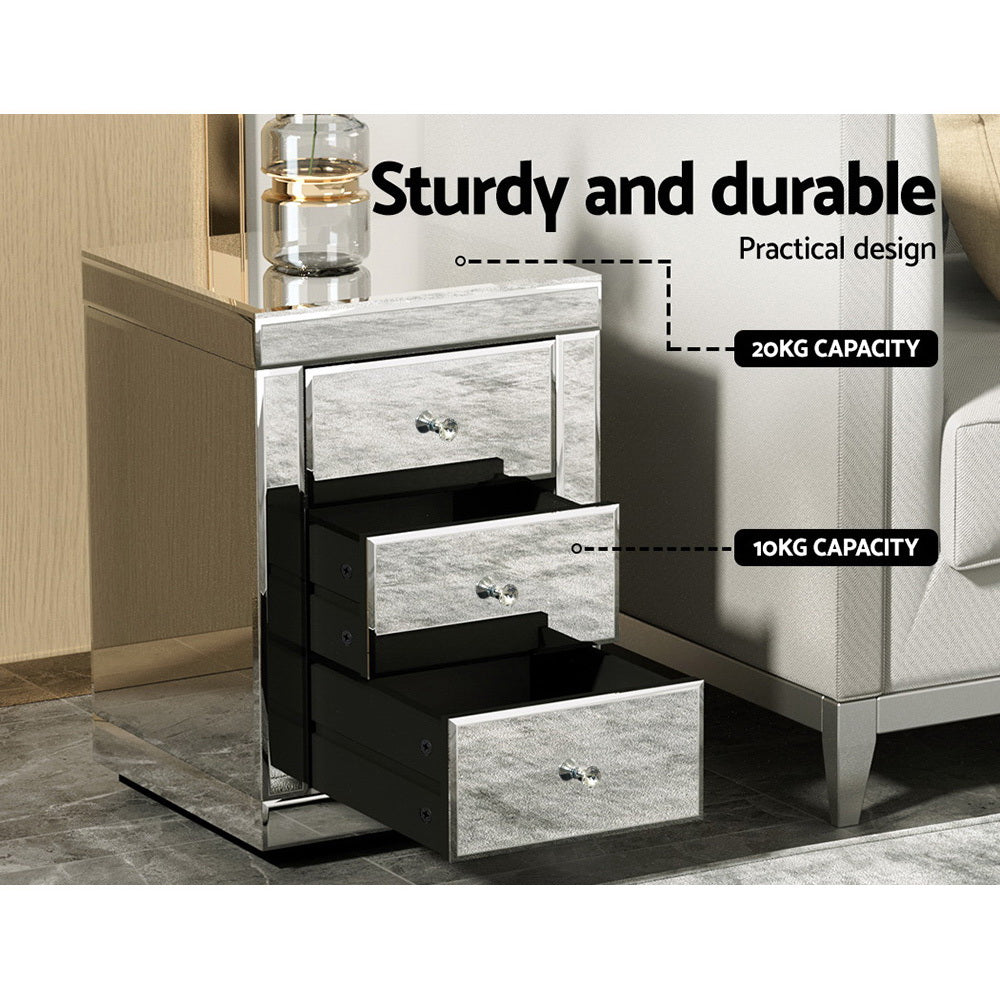 Presia Set of 2 Mirrored Bedside Tables 3 Drawers Silver