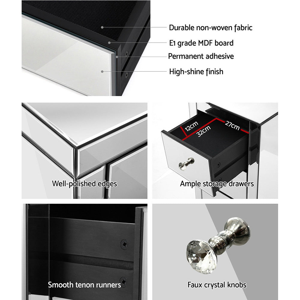 Presia Set of 2 Mirrored Bedside Tables 3 Drawers Silver
