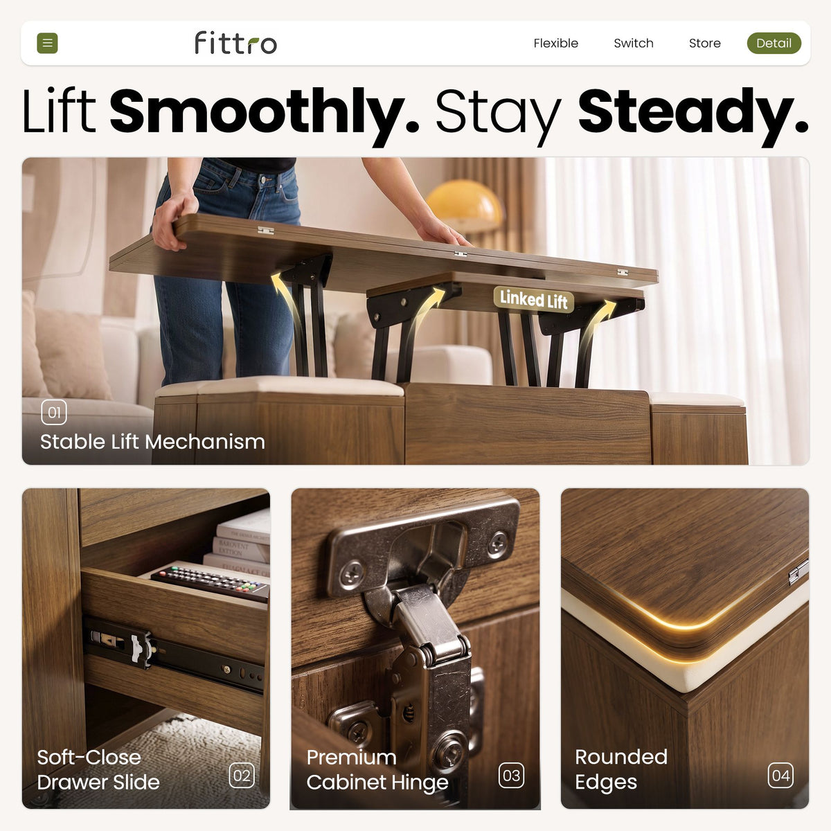 Fittro 3-in-1 Lift Top Coffee Table with 4 Chairs and Storage