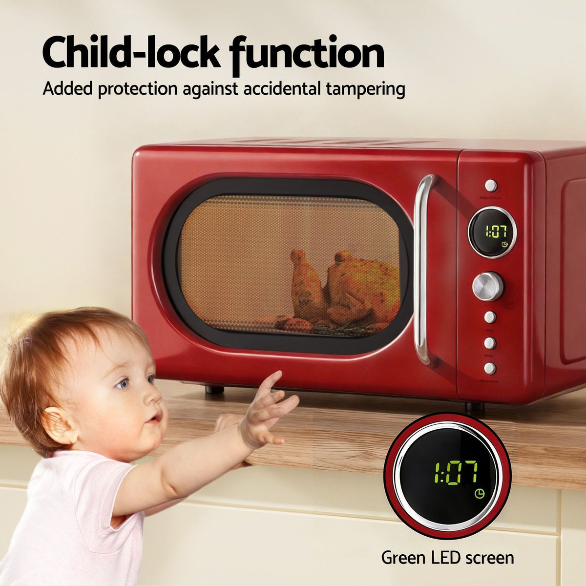 Devanti 20L Microwave Oven 700W Red with Glass Turntable