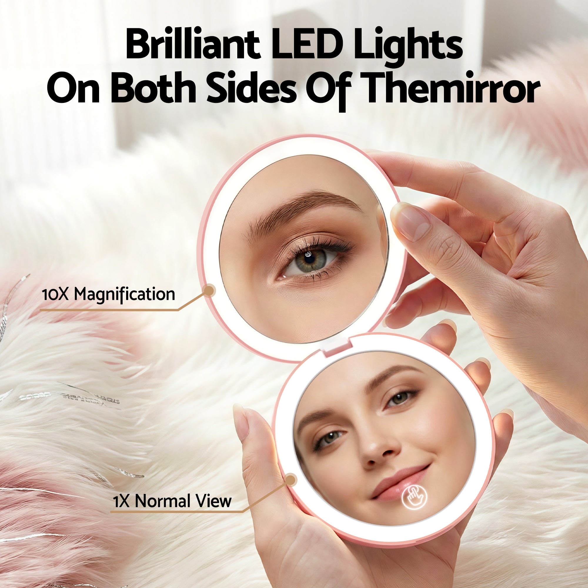 Embellir LED Compact Mirror Lighted Travel Makeup Mirror Pocket-Sized 1x 10x Magnification Round Pink