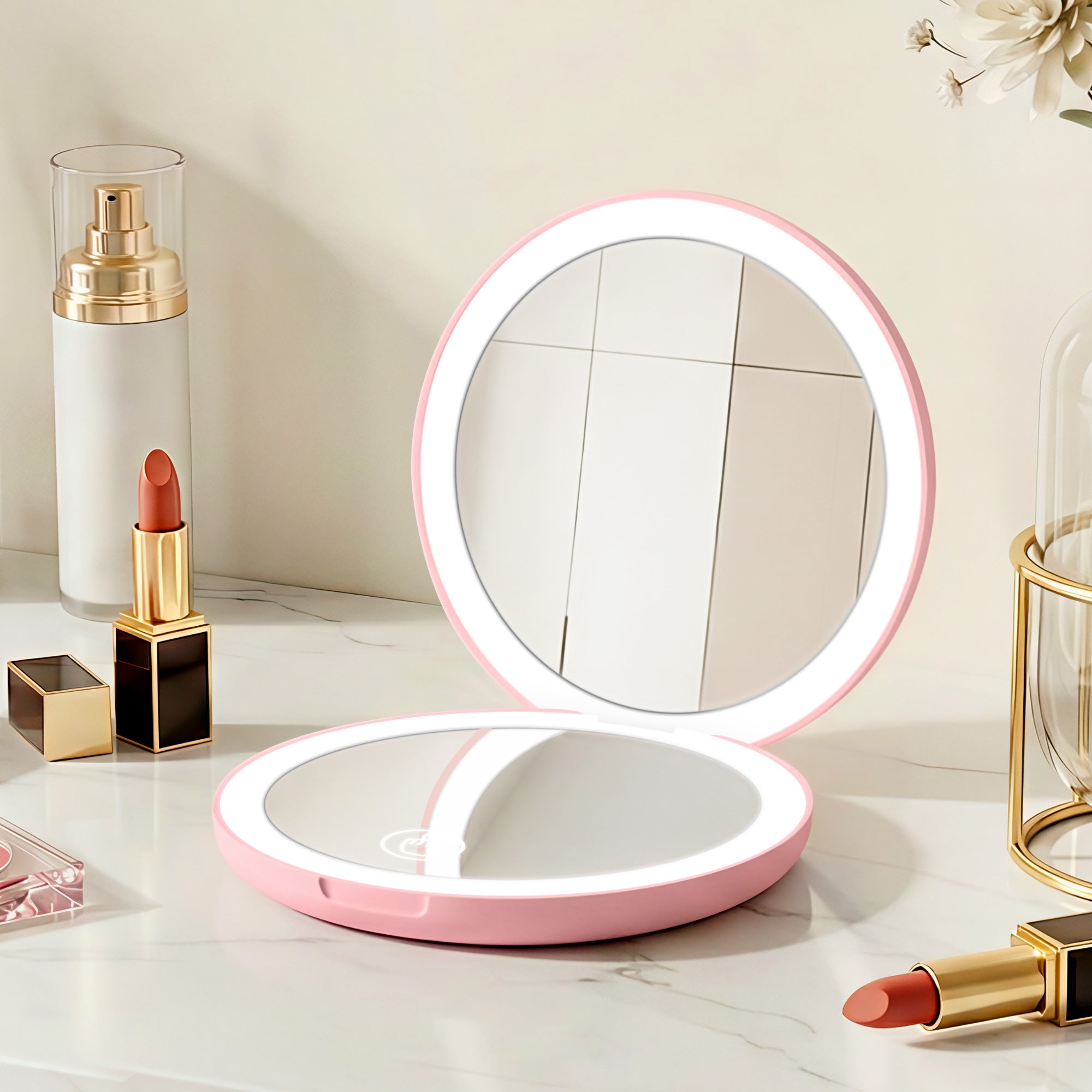 Embellir LED Compact Mirror Lighted Travel Makeup Mirror Pocket-Sized 1x 10x Magnification Round Pink