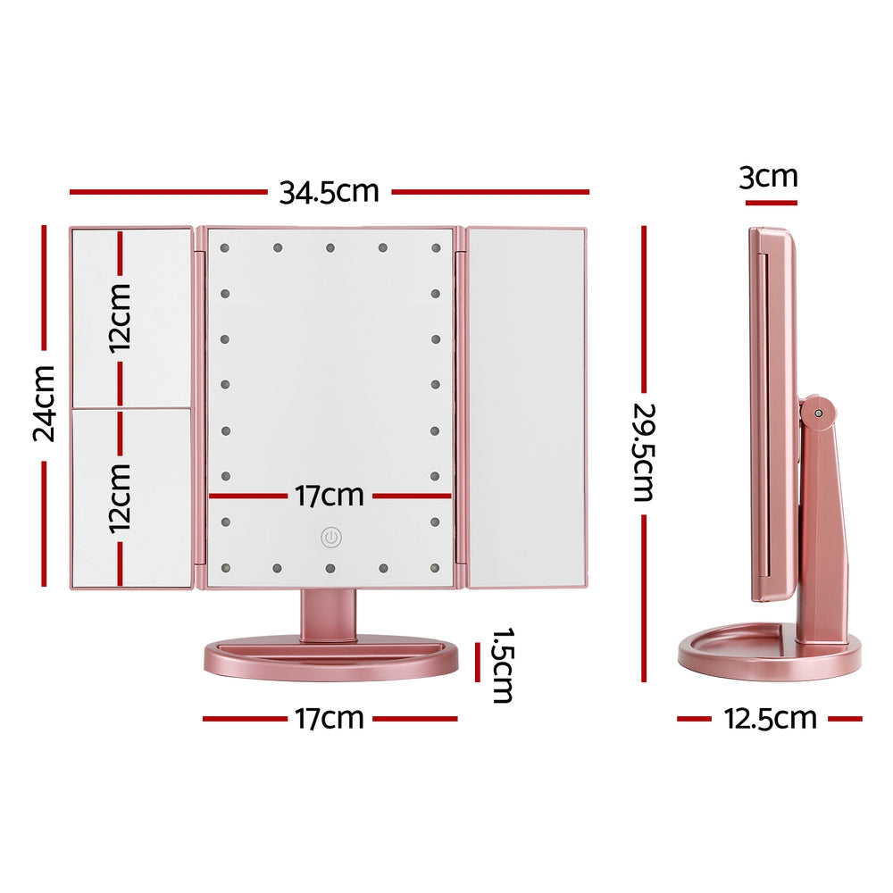 Embellir Tri-fold Makeup Mirror LED Light Travel Portable Pink