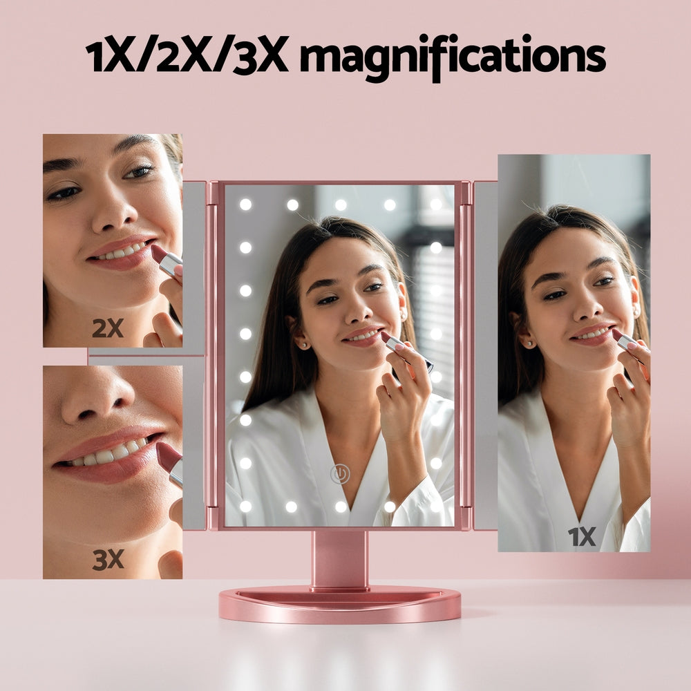 Embellir Tri-fold Makeup Mirror LED Light Travel Portable Pink