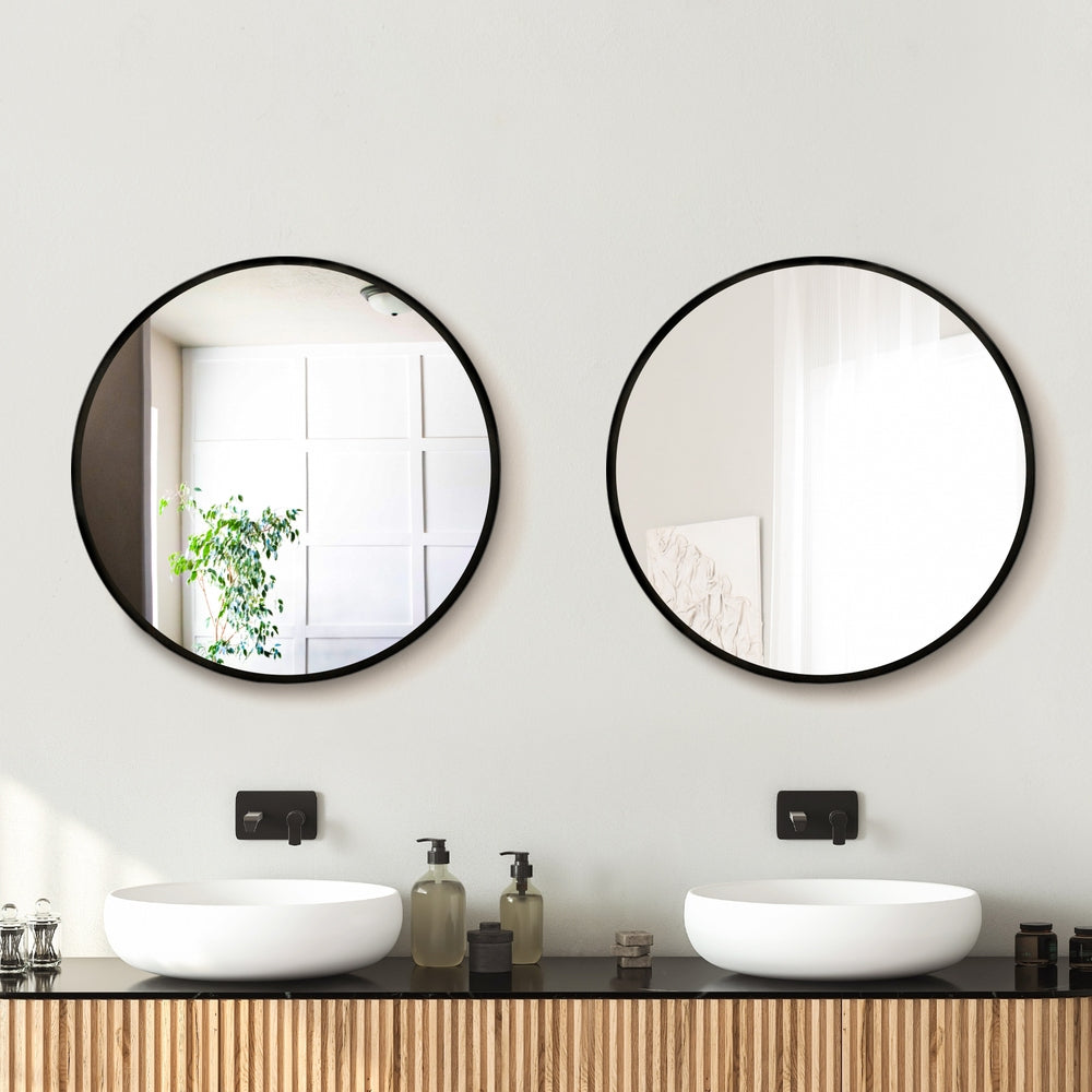 Embellir 50cm Round Wall Mirror Black Framed Set of 2