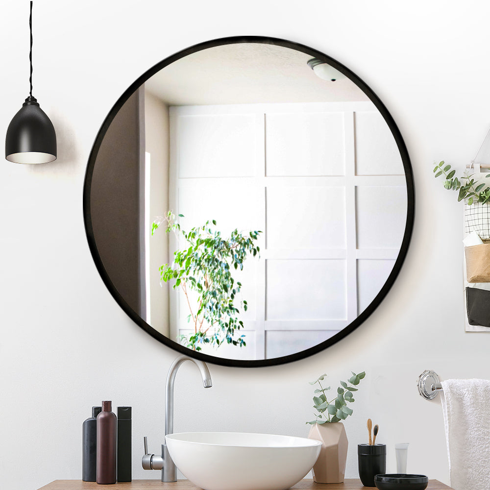 Embellir 90cm Round Wall Mirror Black Framed Bathroom Decor