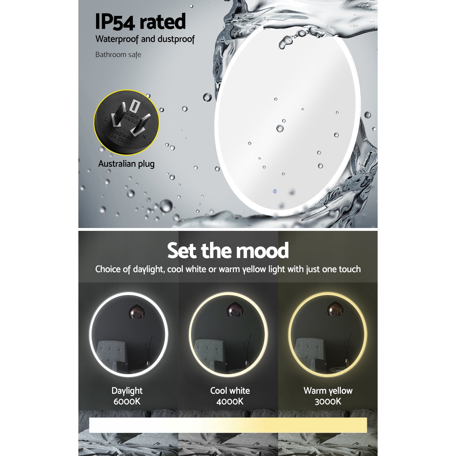 Embellir 90cm Round LED Wall Mirror Anti-Fog Touch Control