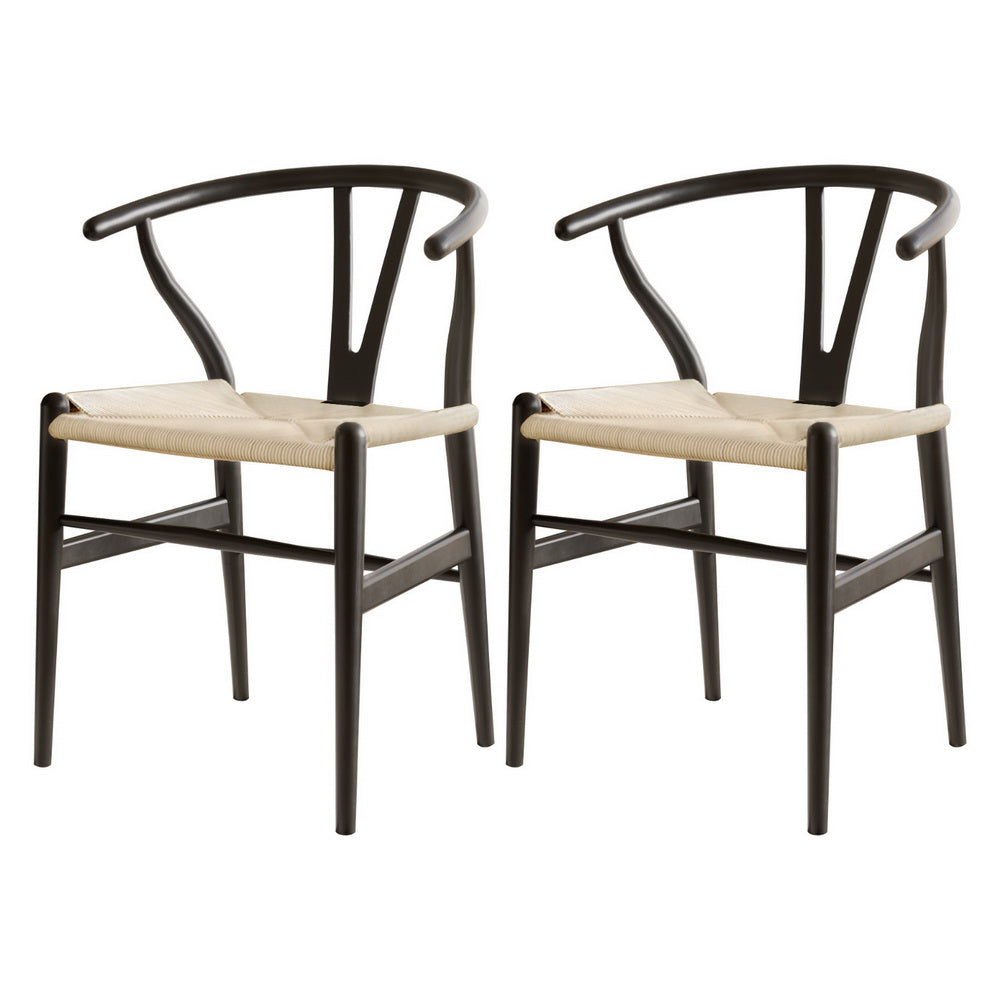 Wishbone Dining Chairs Set of 2 Black Rattan Wood