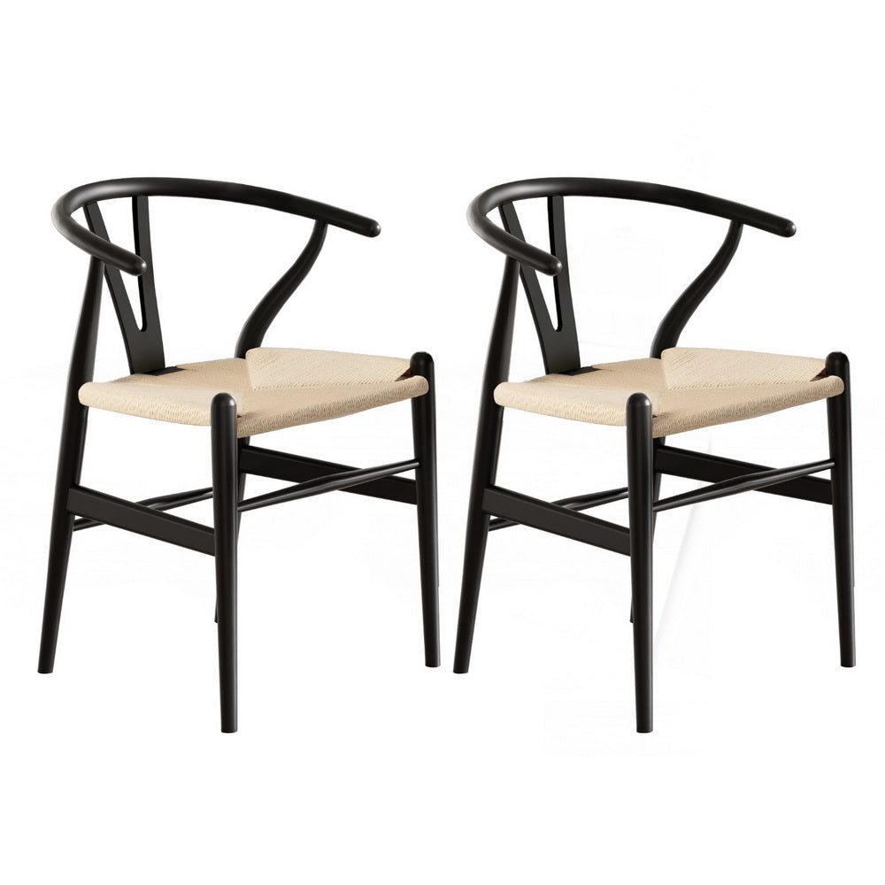 Wishbone Dining Chairs Set of 2 Black Rattan Wood
