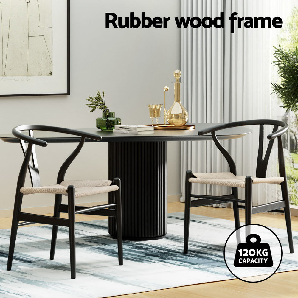 Wishbone Dining Chairs Set of 2 Black Rattan Wood