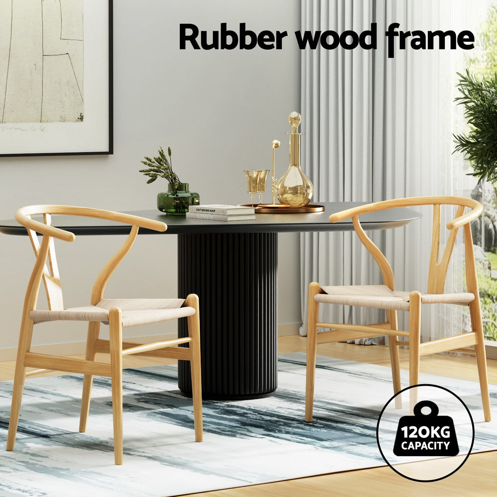 Wishbone Dining Chairs Set of 2 Wooden Rattan Seat Natural