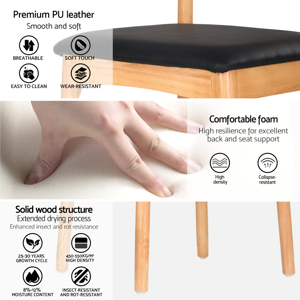 Bert Dining Chairs Set of 4 Rubberwood Leather Seat Black