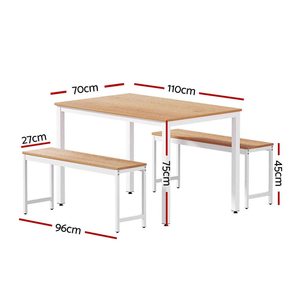 Artiss 3-Piece Dining Table and Bench Set Metal Natural/White