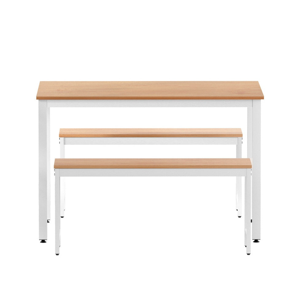 Artiss 3-Piece Dining Table and Bench Set Metal Natural/White