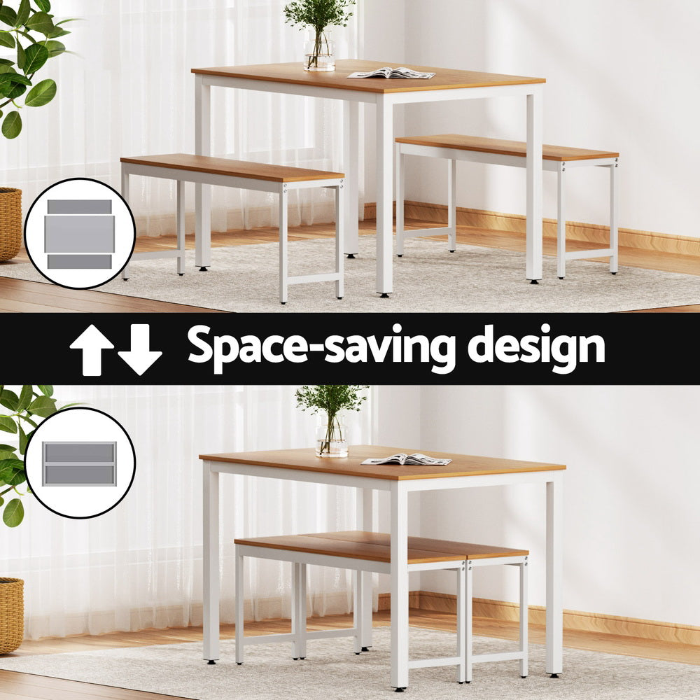 Artiss 3-Piece Dining Table and Bench Set Metal Natural/White