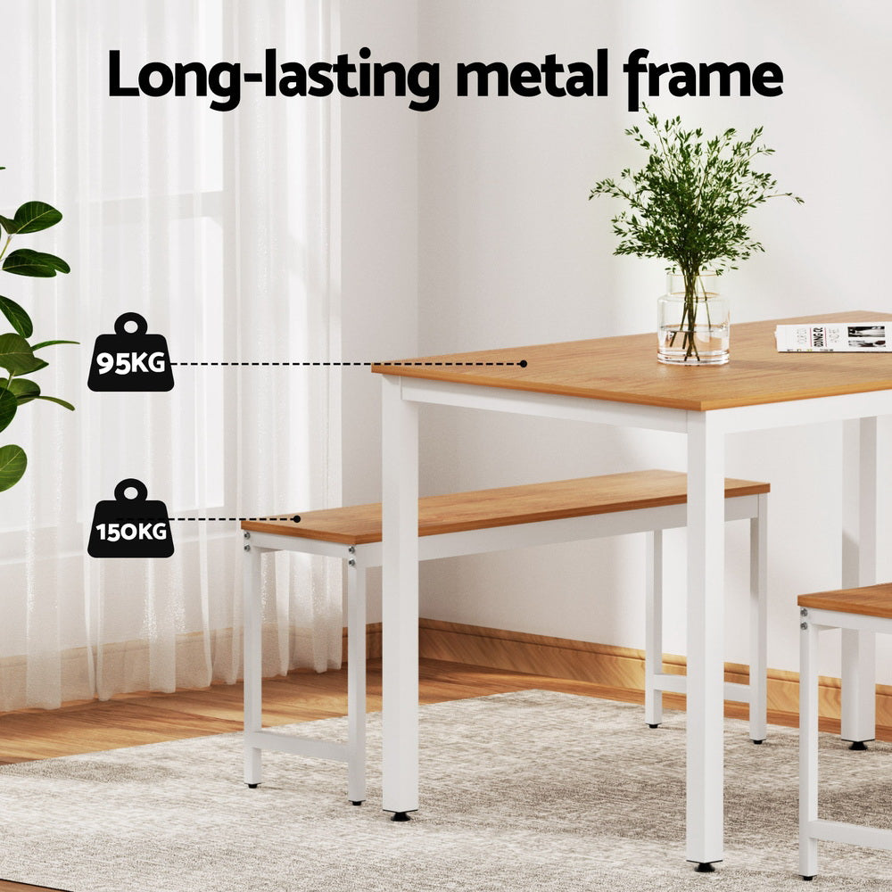 Artiss 3-Piece Dining Table and Bench Set Metal Natural/White