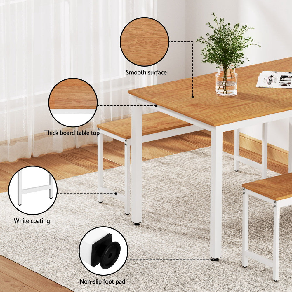 Artiss 3-Piece Dining Table and Bench Set Metal Natural/White