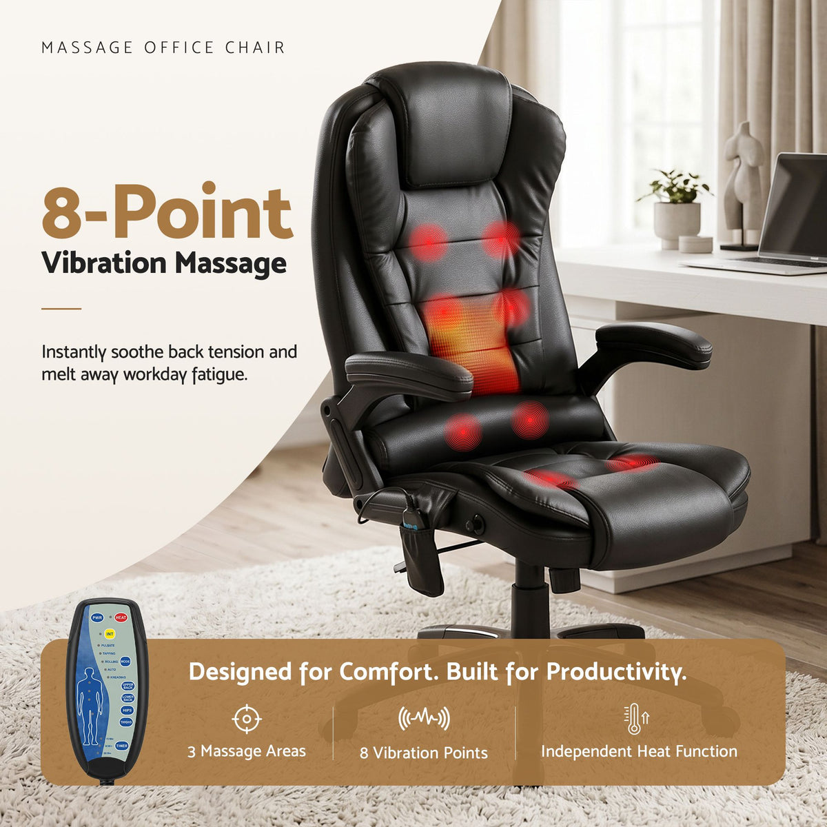 Artiss 8-Point Massage Office Chair Heated Recliner PU Black