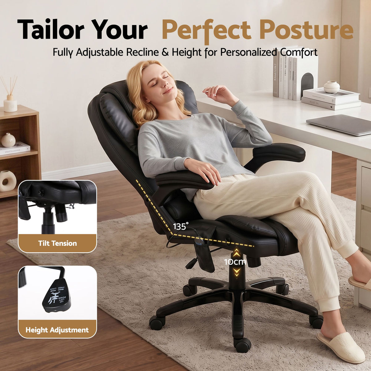 Artiss 8-Point Massage Office Chair Heated Recliner PU Black