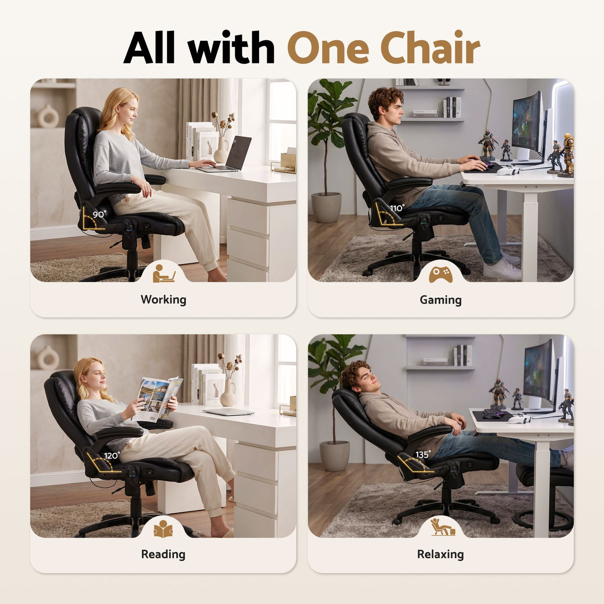 Artiss 8-Point Massage Office Chair Heated Recliner PU Black