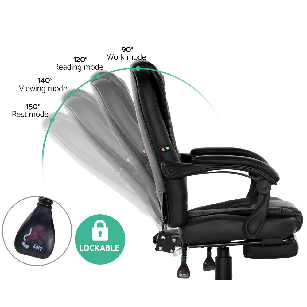 Artiss Massage Office Chair PU Leather Recliner Footrest Black