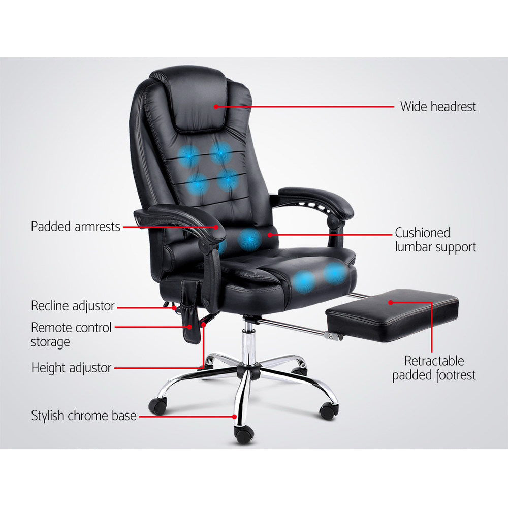 8-Point Massage Office Chair PU Leather Footrest Black