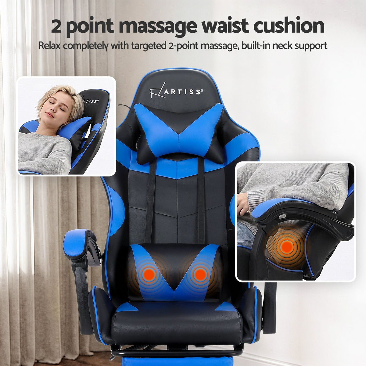 Artiss Massage Gaming Office Chair with Footrest Blue
