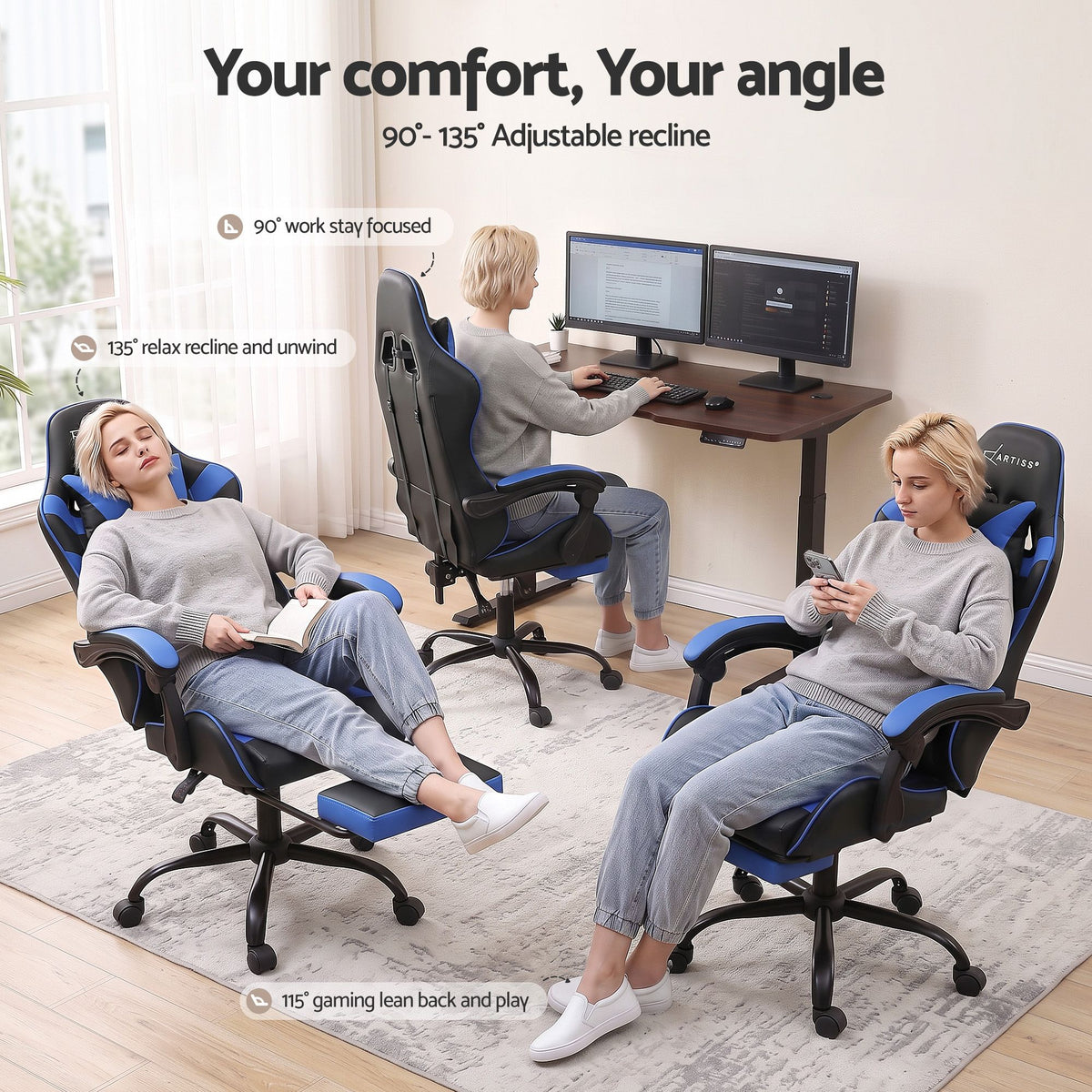 Artiss Massage Gaming Office Chair with Footrest Blue