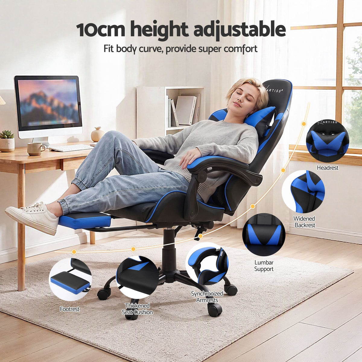 Artiss Massage Gaming Office Chair with Footrest Blue