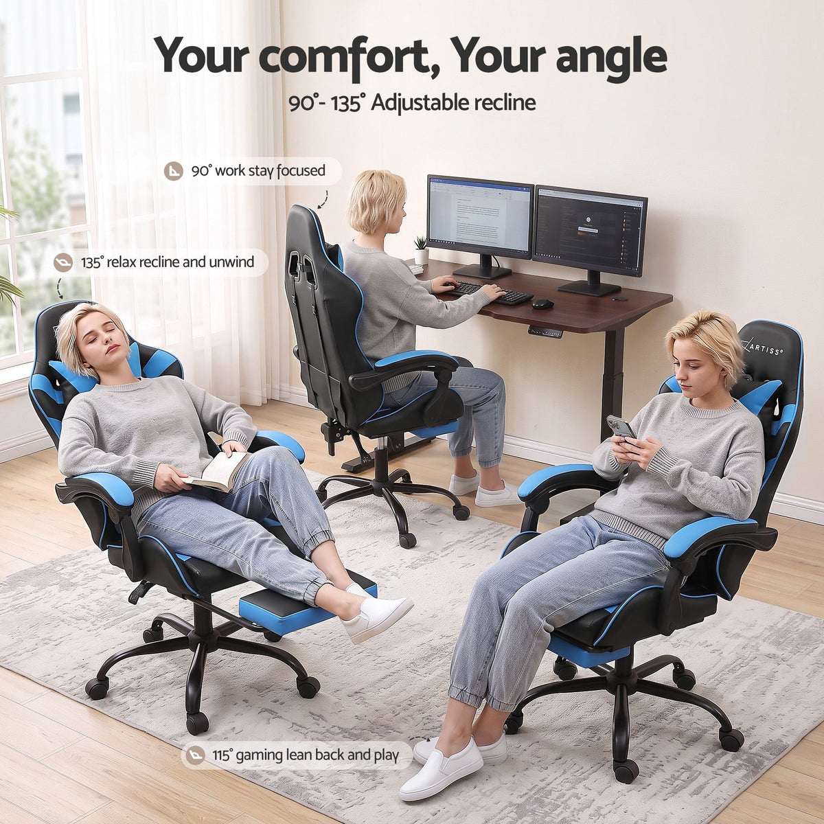 Artiss Massage Gaming Office Chair Footrest Cyan Blue