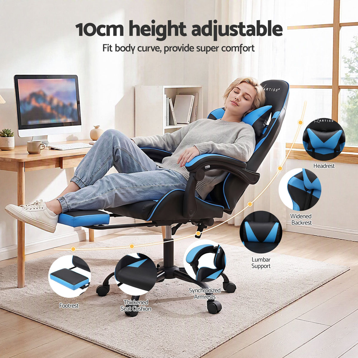 Artiss Massage Gaming Office Chair Footrest Cyan Blue