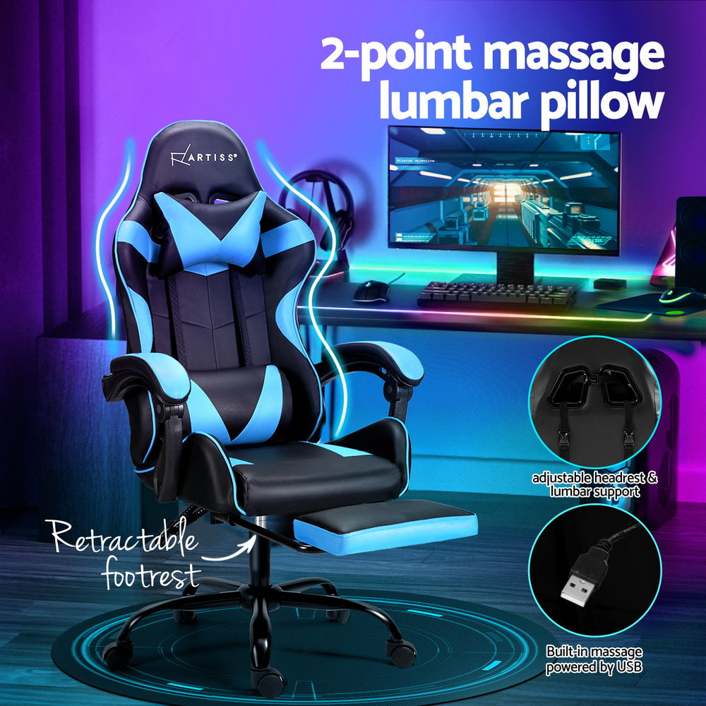 Artiss Massage Gaming Office Chair Footrest Cyan Blue