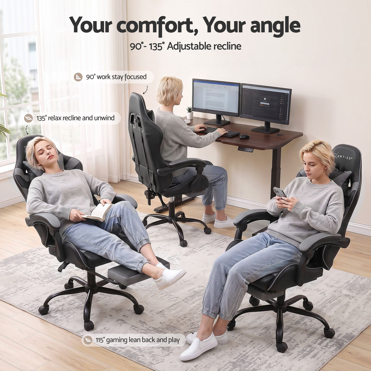 Artiss Grey Massage Gaming Office Chair Footrest