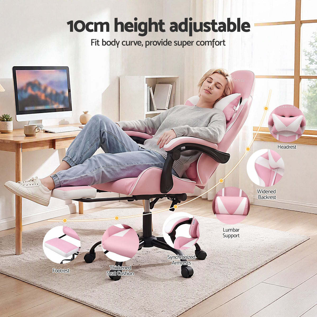Artiss 2 Point Massage Gaming Office Chair Pink