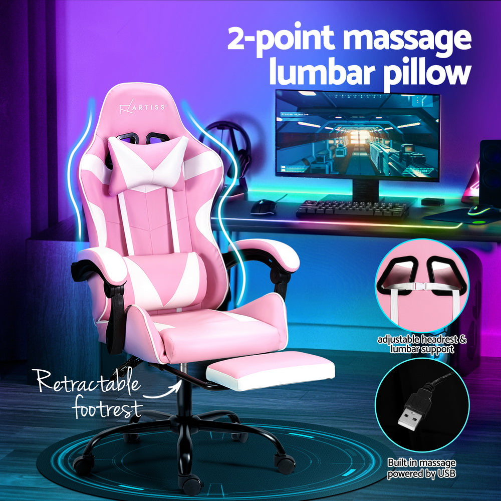 Artiss Pink Massage Gaming Office Chair Footrest