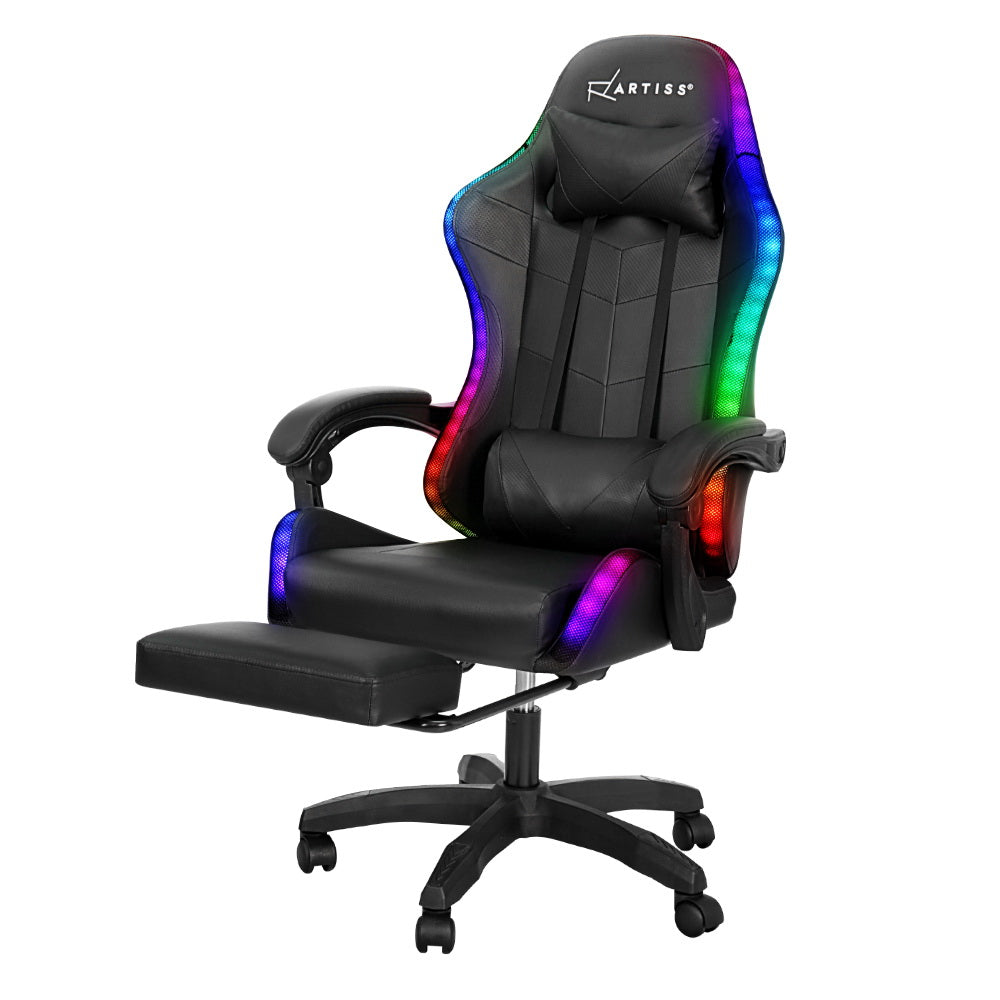 Artiss Black Gaming Office Chair Massage 7 LED Footrest
