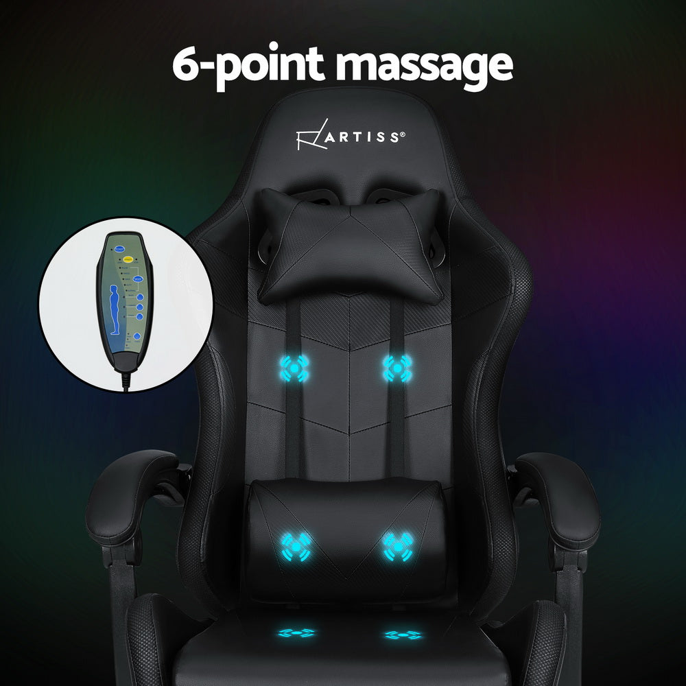 Artiss Black Gaming Office Chair Massage 7 LED Footrest