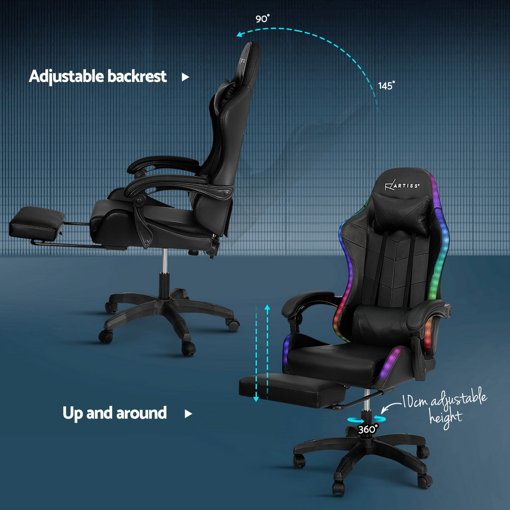 Artiss Black Gaming Office Chair Massage 7 LED Footrest