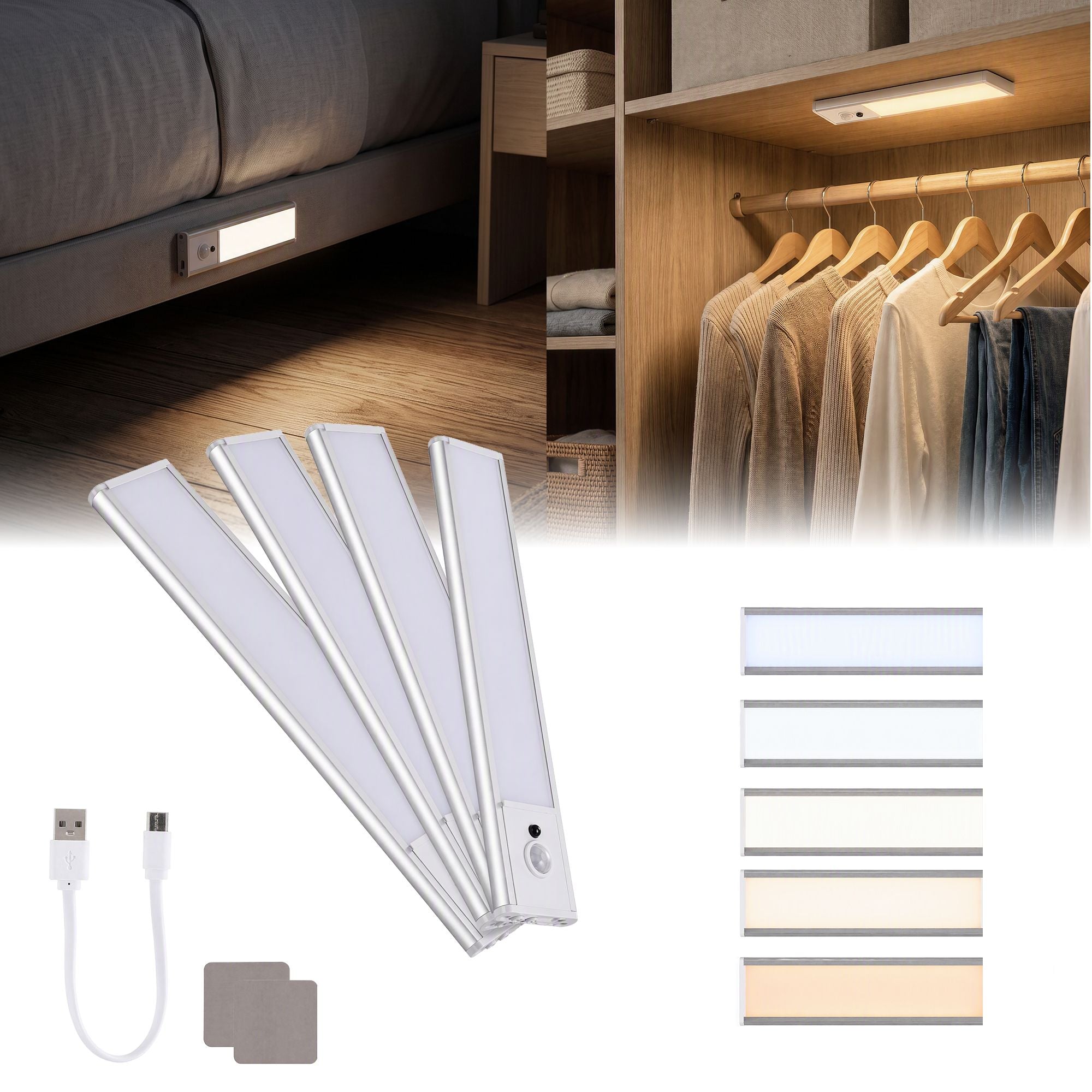 Artiss 4-Pack Motion Sensor Cabinet Lights, 20cm Dimmable LED Closet Light with 5 Colors, Type-C Rechargeable Magnetic Night Light with 5 Colors