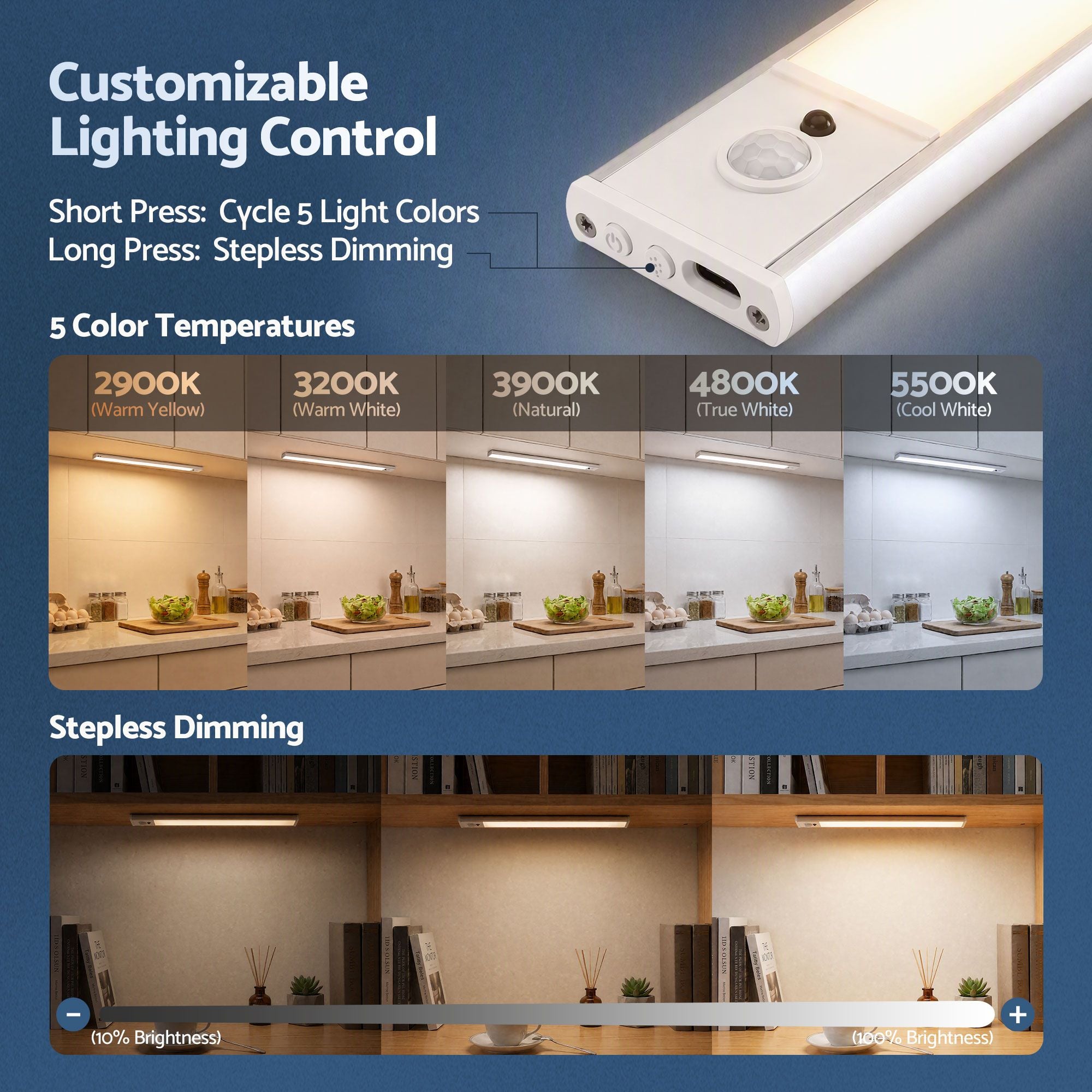 Artiss 4-Pack Motion Sensor Cabinet Lights, 20cm Dimmable LED Closet Light with 5 Colors, Type-C Rechargeable Magnetic Night Light with 5 Colors
