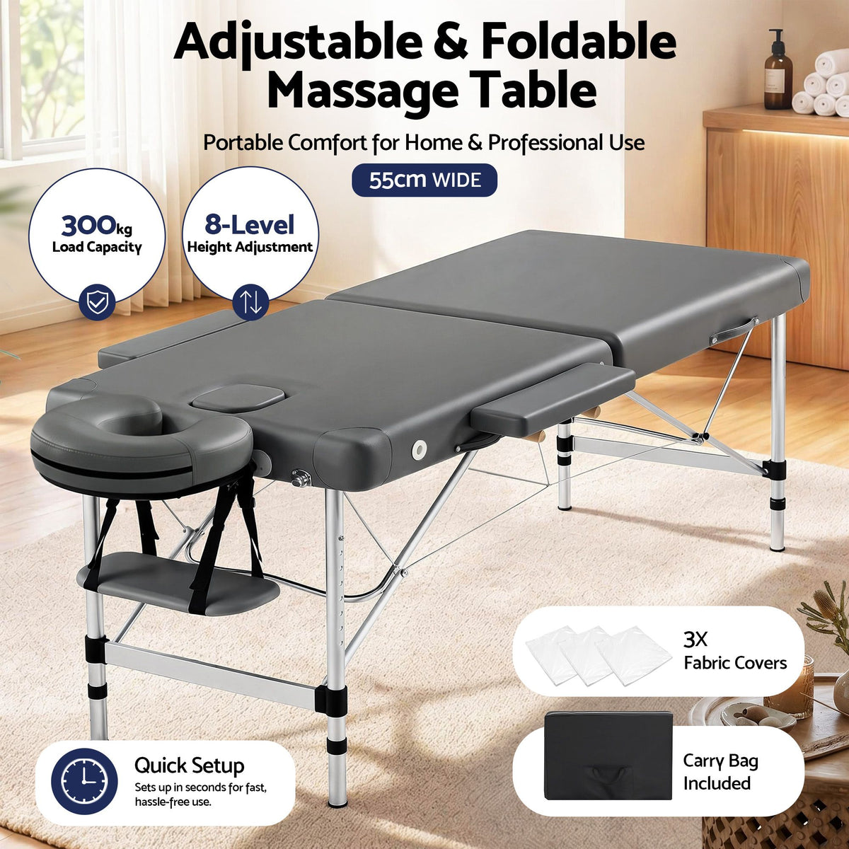 Zenses Portable Massage Table 55cm 2 Fold Aluminium Grey